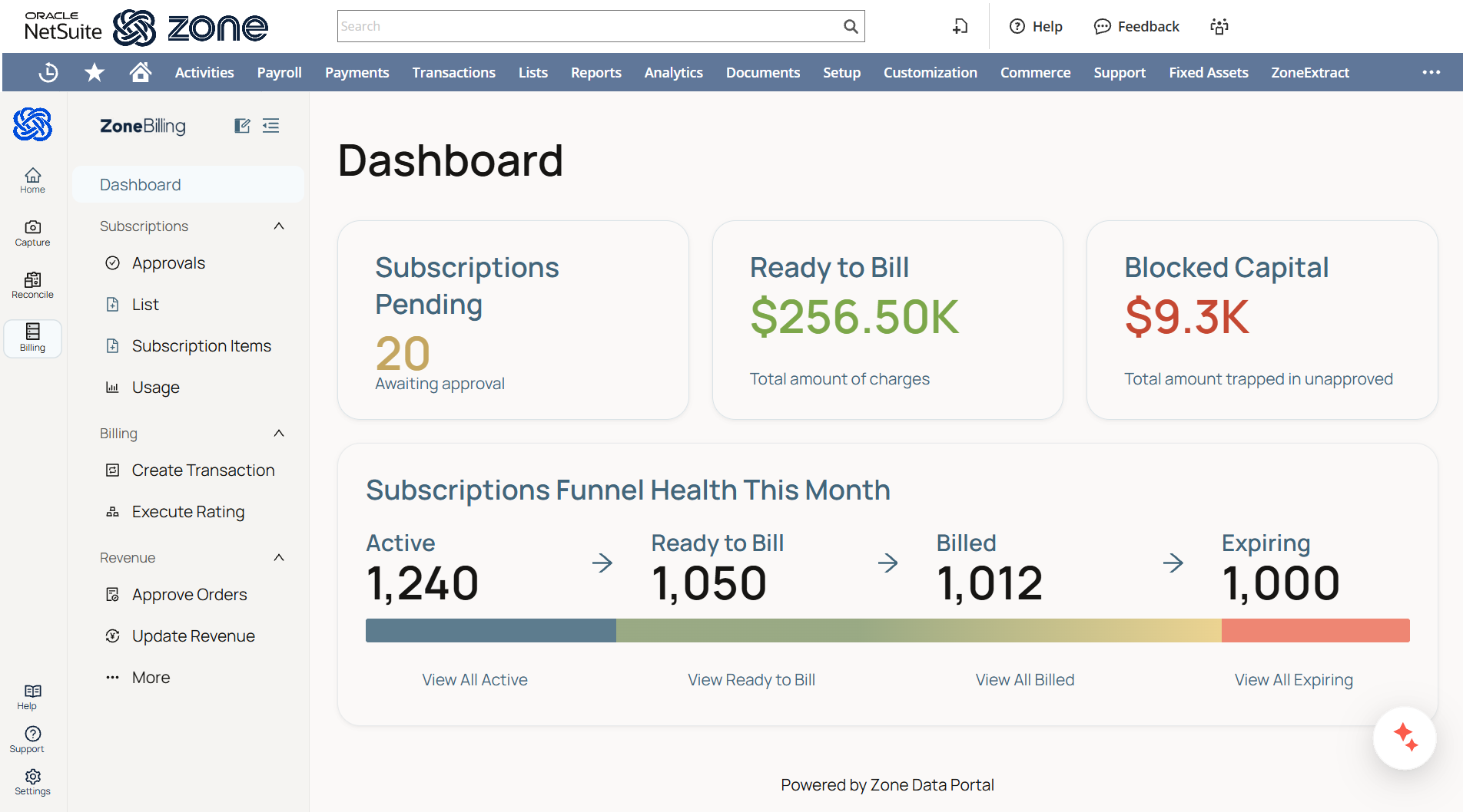 Zone Control Center dashboard for ZoneBilling